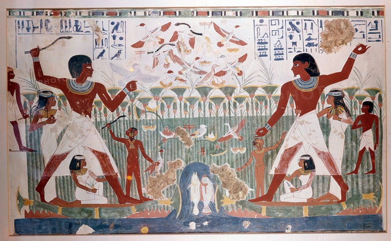 Ancient Egyptians hunting wildfowl with throwing sticks