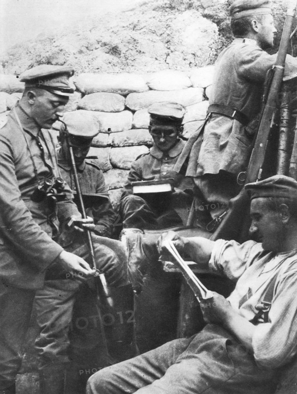 German soldiers waiting in a trench during WWI