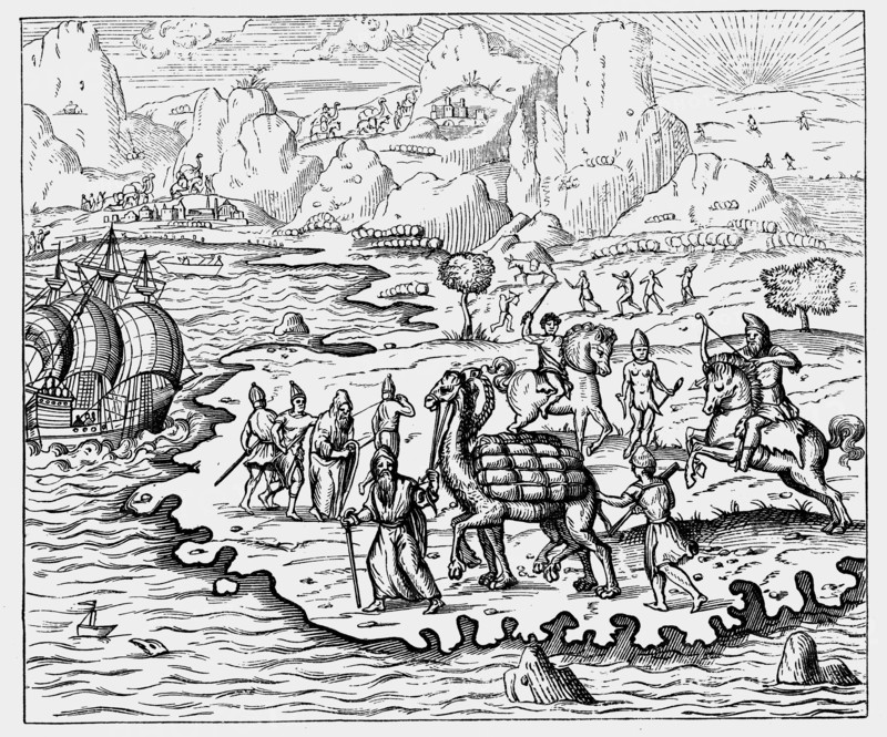 Merchants transporting goods to coast and waiting vessel by camel