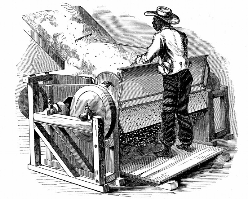 Saw gin for cleaning cotton being operated by barefoot black labourer
