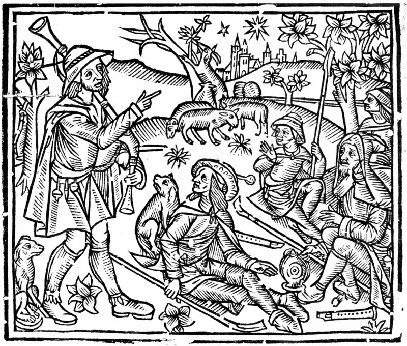 Shepherds with their flocks and dogs