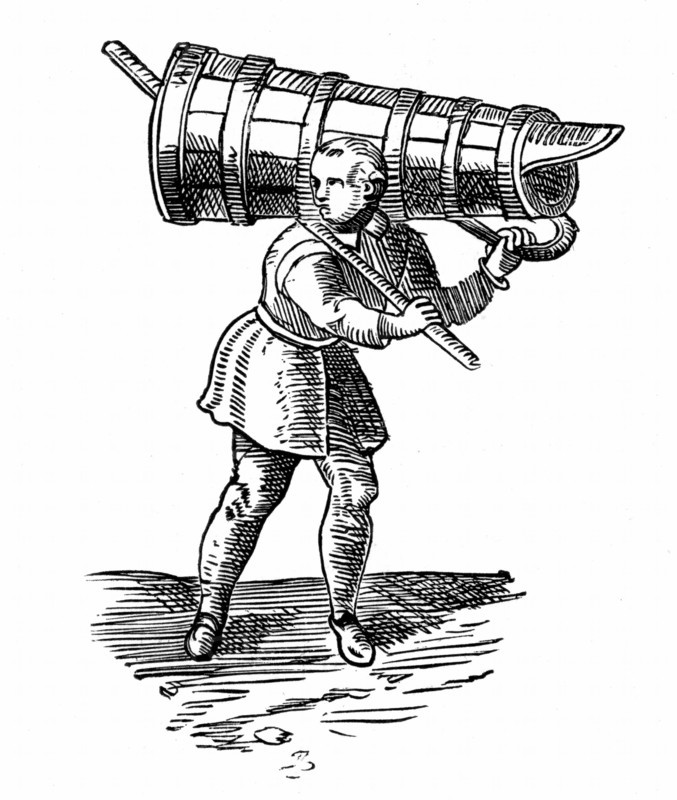 An apprentice, carrying a vessel wooden  as tall as himself, on his way to fetch water