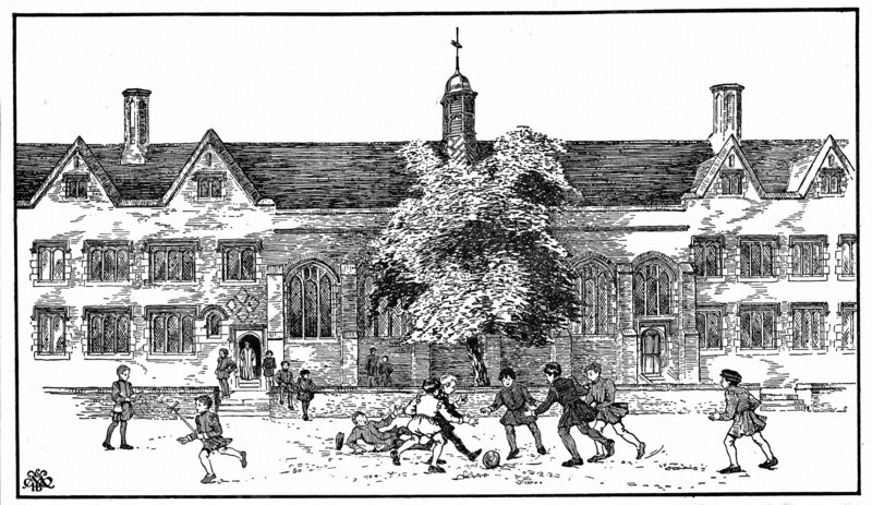 Artist's impression of boys in Tudor times playing football at Berkhamsted Grammar School, Hertfordshire