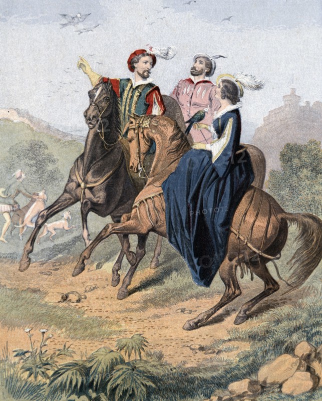 Falconry: artist's impression of late 16th century party out hawking