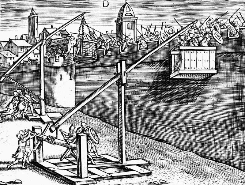 Roman warfare: raising 'baskets' of attackers to ramparts of a besieged fortress
