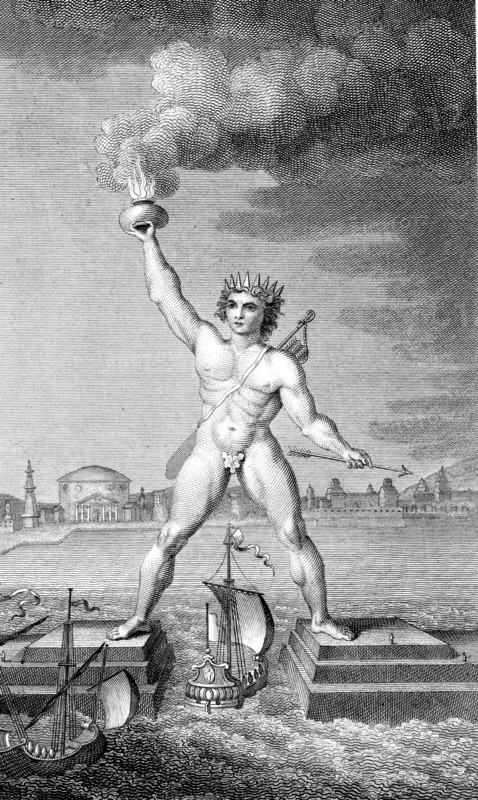 Colossus of Rhodes, lighthouse in form of giant marking the entrance of the harbour by holding a flaming torch in its hand, constructed c292-280 BC. Engraving
