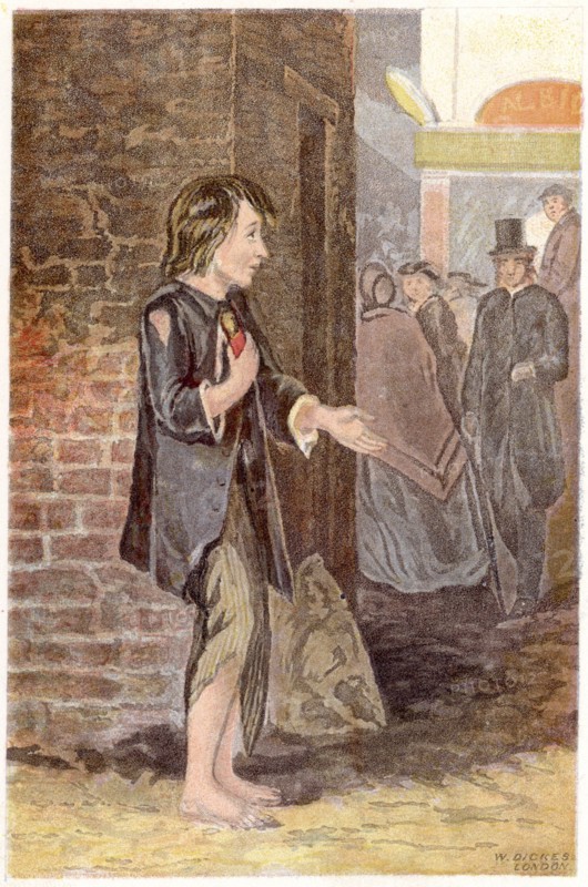 Poor boy, shoeless and in rags, begging on a street corner. Chromolithograph London c1880