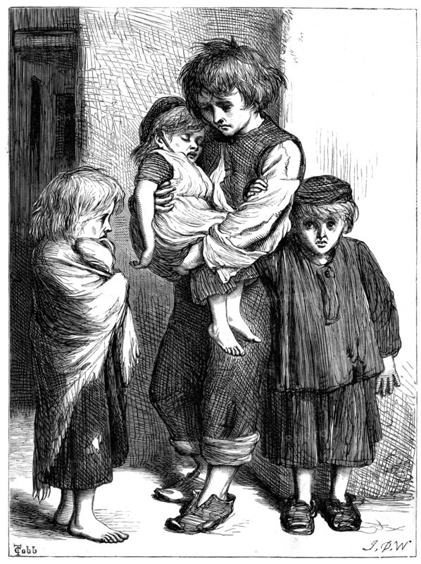 The Children of the Poor (Les Enfants Pauvres) - "The Ragged Babes That Weep". Miserable, ragged, undernourished children. Illustration by T Cobb for Algernon C Swinburne translation of poem by Victor Hugo, London c1875.  Wood engraving