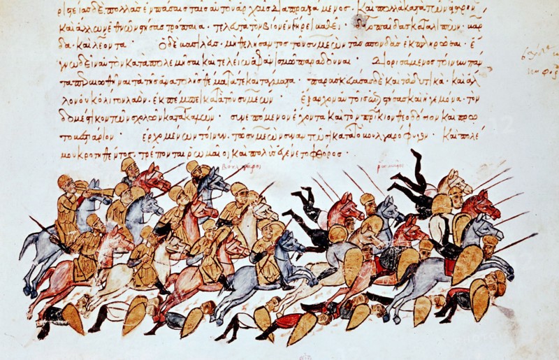 Byzantine cavalrymen overwhelming enemy cavalry