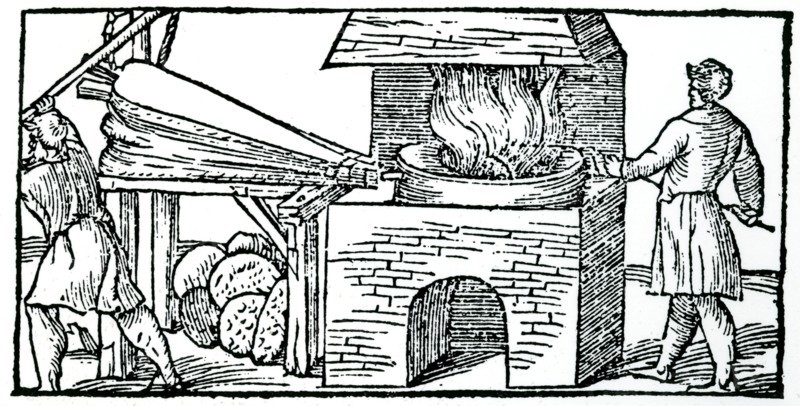 Using bellows to increase draught in furnace for refining copper