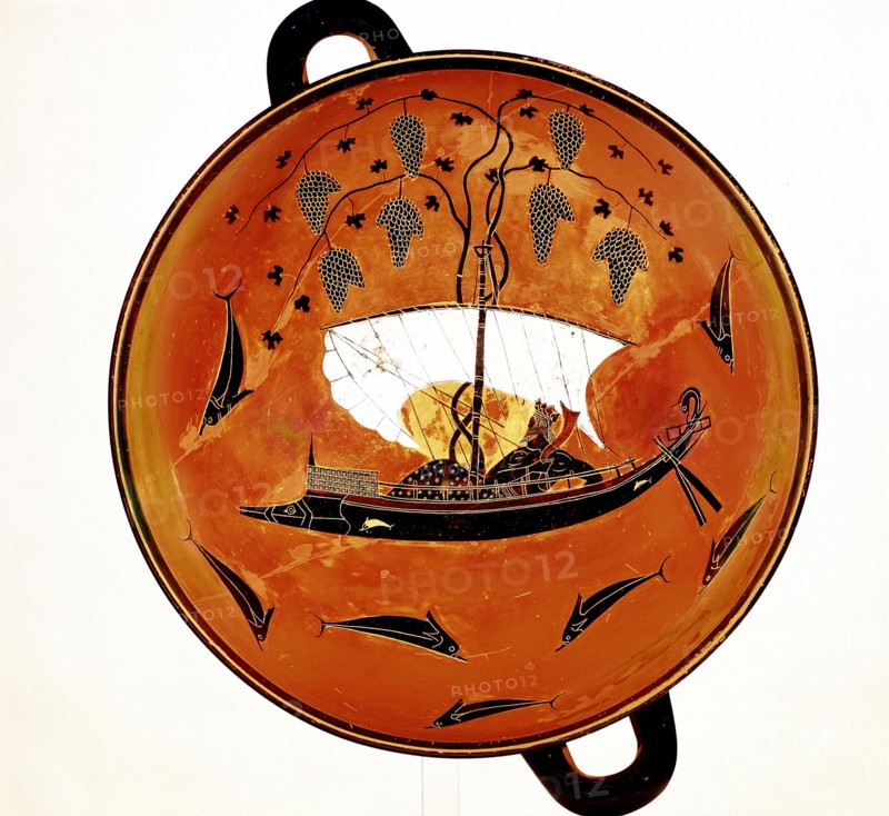 Dionysius, Greek god of wine) in sailing boat surrounded by dolphins Greek dish 530 BC