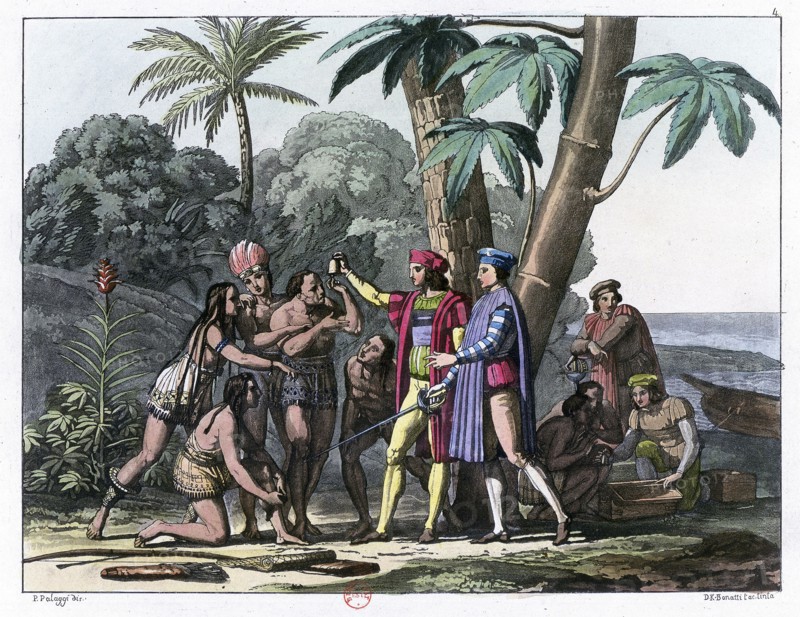 Columbus presenting gifts to the first natives