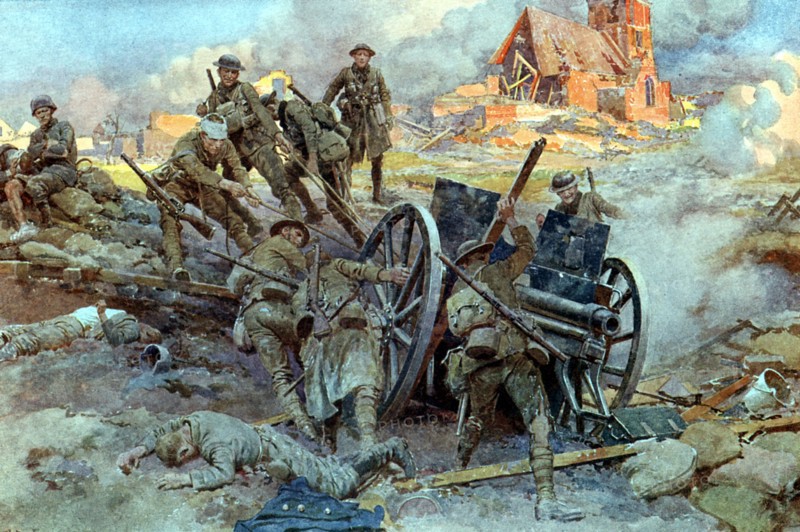 'To the Victors!' British troops man-handling a captured German Field Gun as they remove it from its position - 1917/18