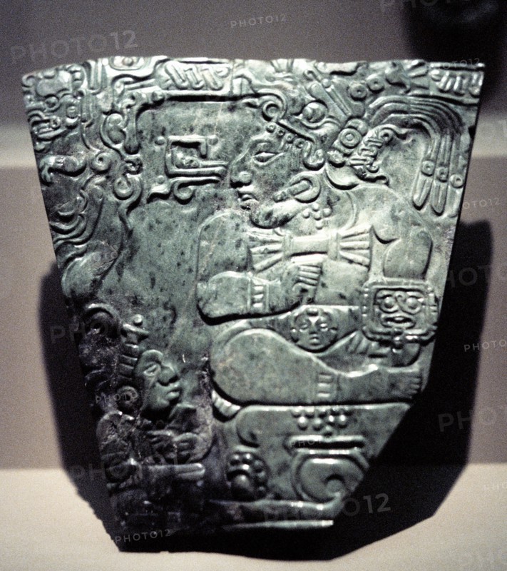 Jade plaque showing Mayan king seated, 400-800