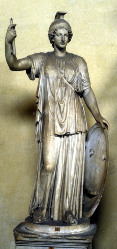 Minerva: Ancient Roman goddess of wisdom, patroness of arts, wearing helmet and holding shield