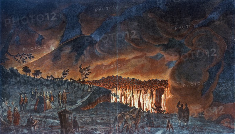 Eruption of Vesuvius - lava flow observed by ladies and gentlemen