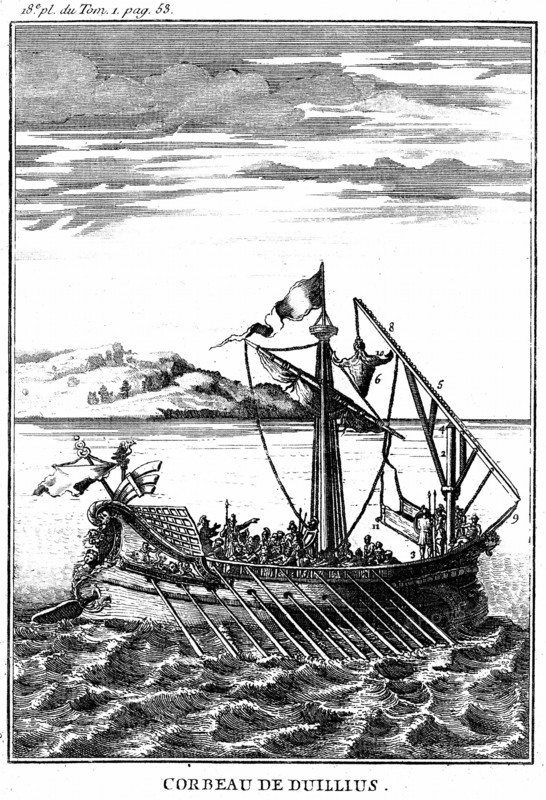 Roman war galley equipped with a corvus