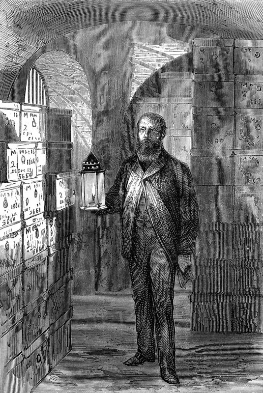 Bank note store in the vaults of the Bank of England c1870