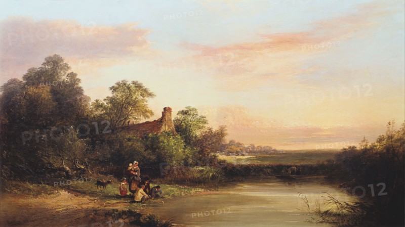 English landscape with cottage and stream