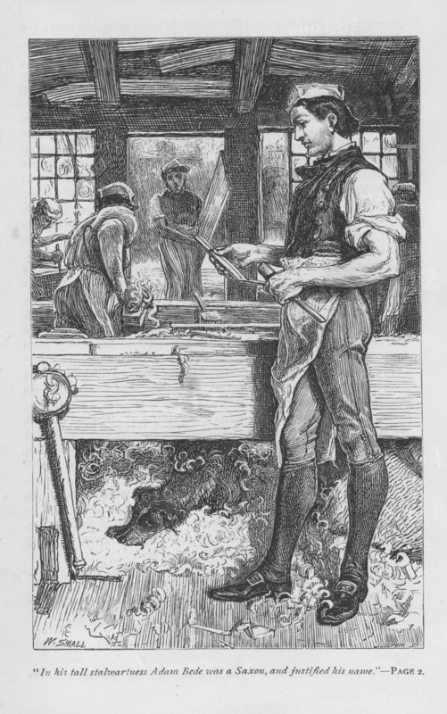 Adam Bede, the village carpenter, in the workshop, his dog Gyp on a pile of shavings under the bench