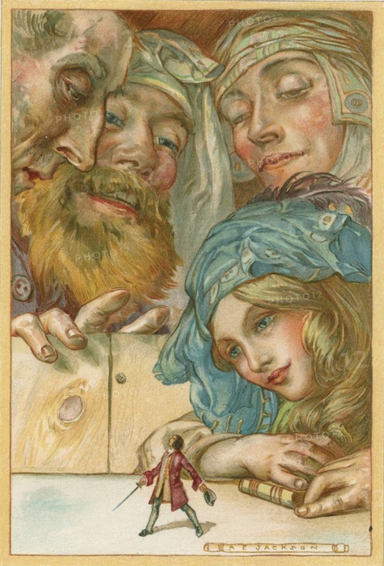 Gulliver walking about on the table at the inn as Glumdalcitch, his "little" Brobdingnagian nurse commanded him