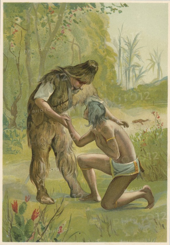 Robinson Crusoe makes contact with frightened Man Friday