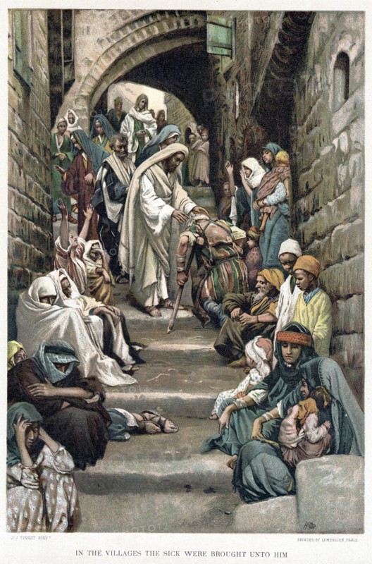 Christ healing the sick brought to him in the villages