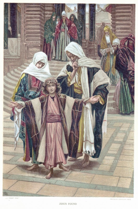 Mary and Joseph finding the young Jesus in the Temple where he had been sitting with the Doctors