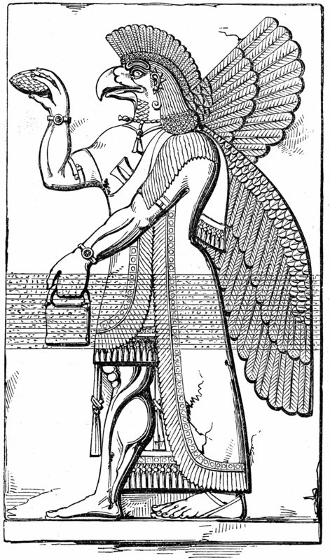Assyrian winged god Nisroch carrying the pine cone, symbol of regeneration