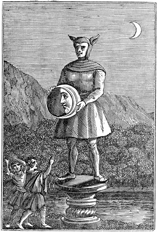 Saxon idol of the Moon shown holding a disc which displays the phases of the Moon