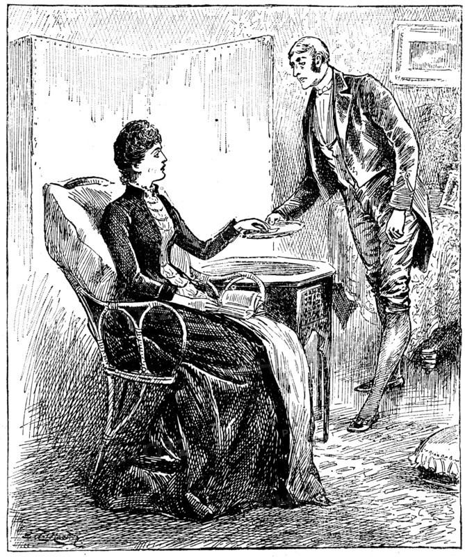 Footman presenting a card that a caller has left for his mistress