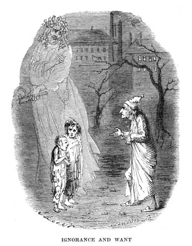 Ignorance and Want presented by a ghost appearing to Scrooge