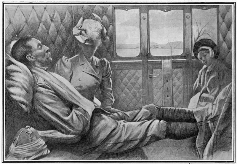 Wounded British officer in railway carriage