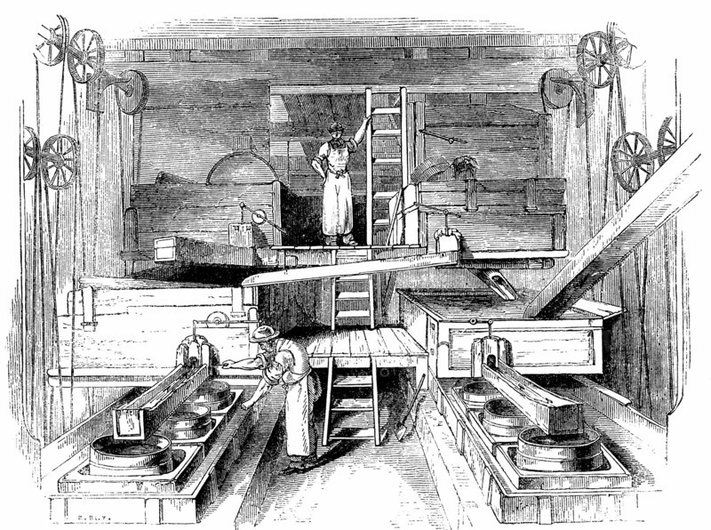 Mixing and grinding ingredients for production of pottery in the mill room of a Staffordshire factory
