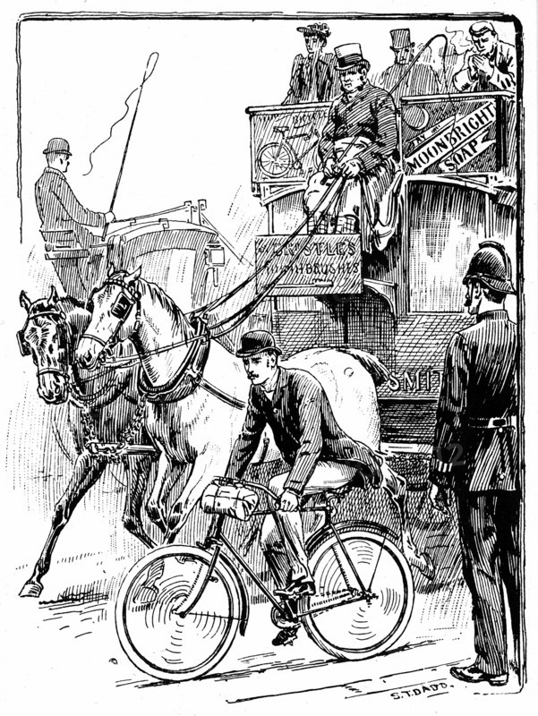 Horse darawn tram and cyclist