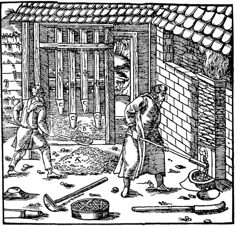 Stamping and roasting ore to extract metal, c.1556
