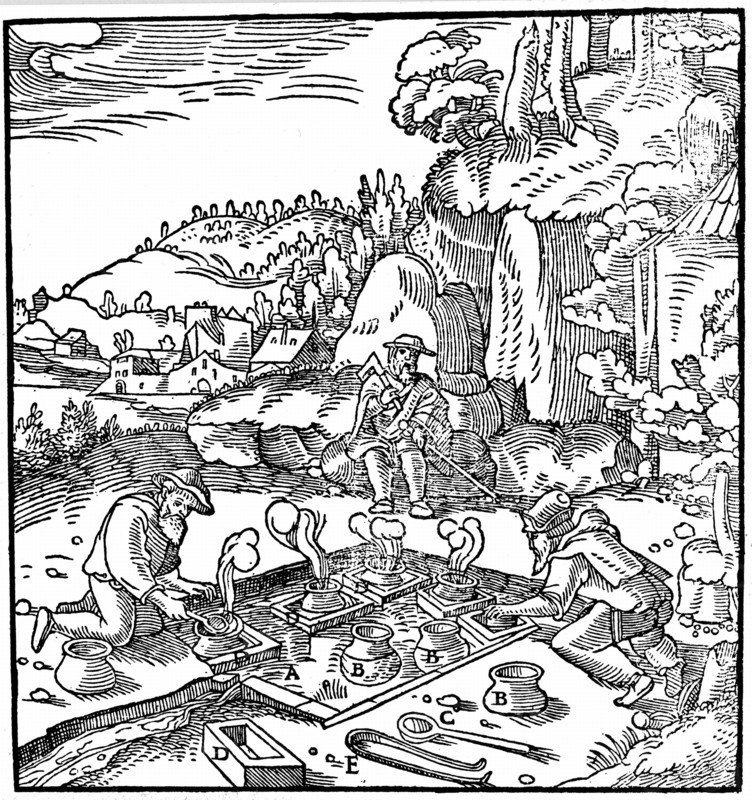 Evaporating pots of brine in a natural hot spring to obtain salt, 1556