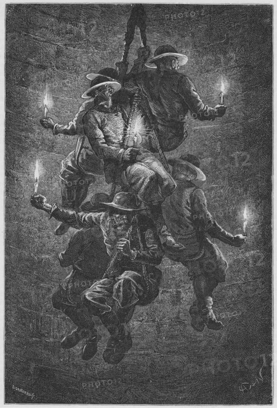 Rock Salt: Miners being lowered down the shaft on rope slings to begin their shift in the salt mine at Wieliczka, Galicia, Poland