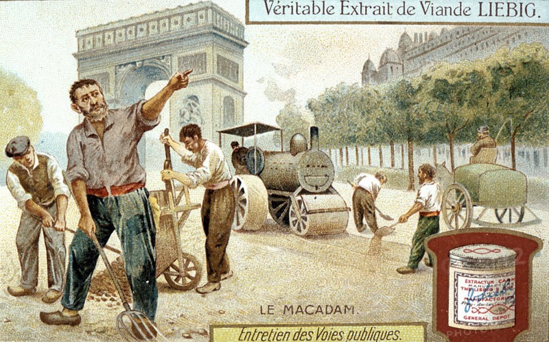 Laying a Macadam road surface and compacting with a steam road roller, Paris street