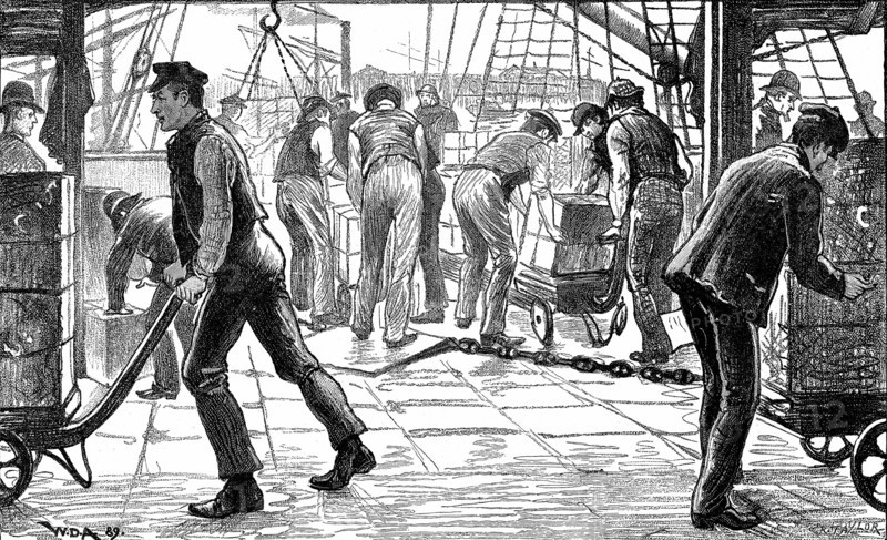 Dockers unloading tea in London Docks, 1889