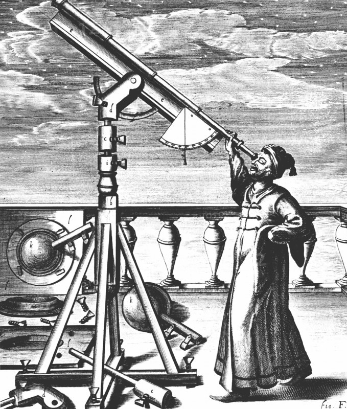 Hevelius observing through refracting telescope