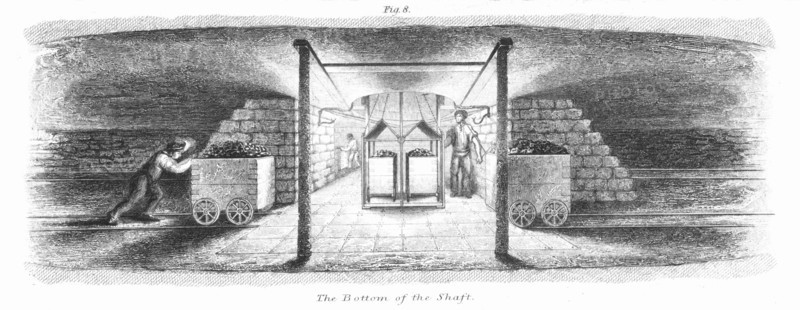 Bottom of pit shaft, showing cage and tubs of coal