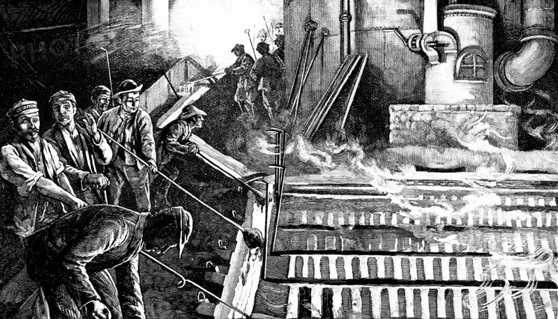 Tapping blast furnace and casting iron into 'pigs