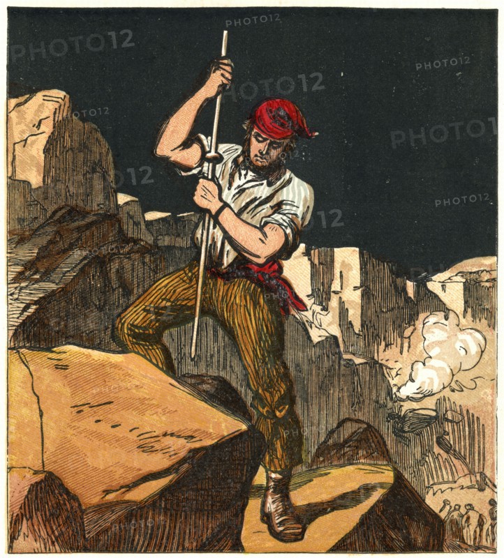 Stone quarry worker tamping down a gunpowder charge
