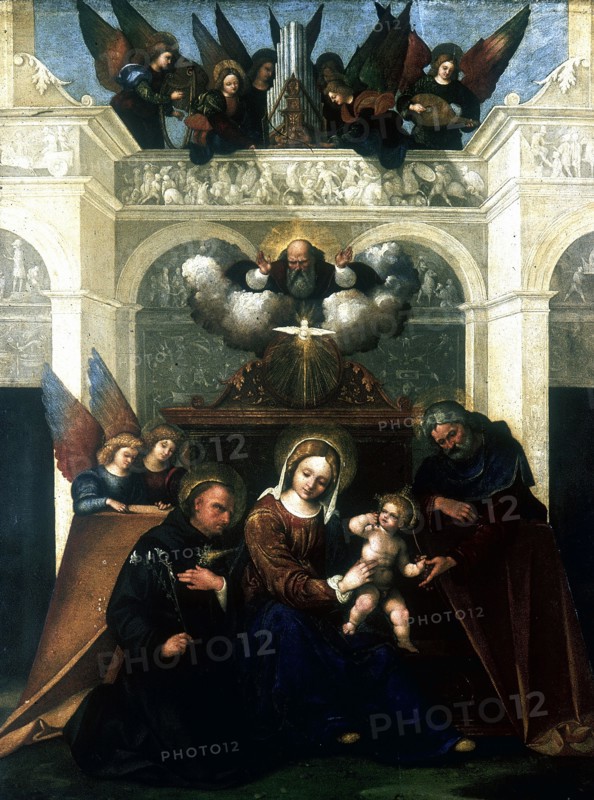 Mazzolino, The Holy Family with Saint Nicholas of Tolentino, the Trinity and Angels