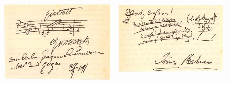 Entries from Carl Goldmark and Johannes Brahms on a Guestbook