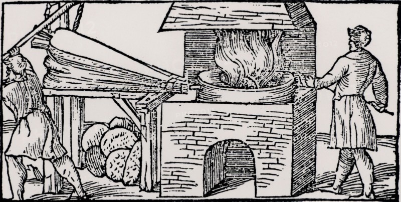 Using bellows to increase the draught in a furnace for refining copper