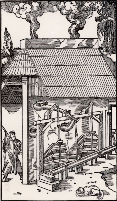 Bellows operated by a camshaft, supplying draught to a smelting furnace