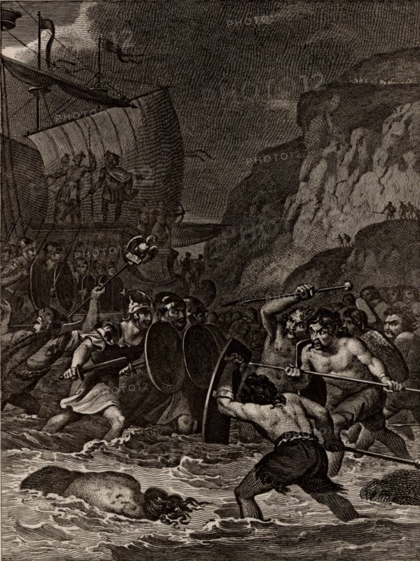 Roman troops under Julius Caesar invading Britain