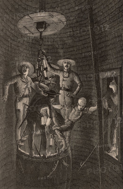 Miners descending a shaft, 1869